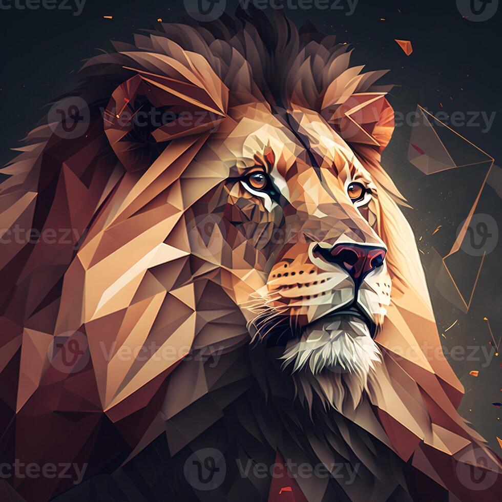 generativo ai ilustración de creativo de león hecho de vistoso geométrico formas en antecedentes. líder, coraje, fuerte y corajudo, majestuoso león foto