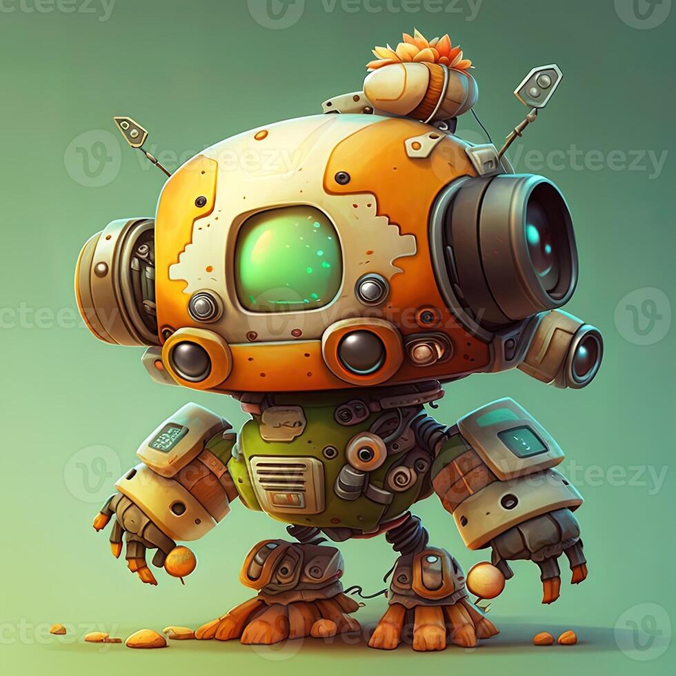 Cute white smiling robotic teen mini unit robot toy gesturing. Cute robot on a white backdrop with a pointing hand and a winking eye. technological idea. photo