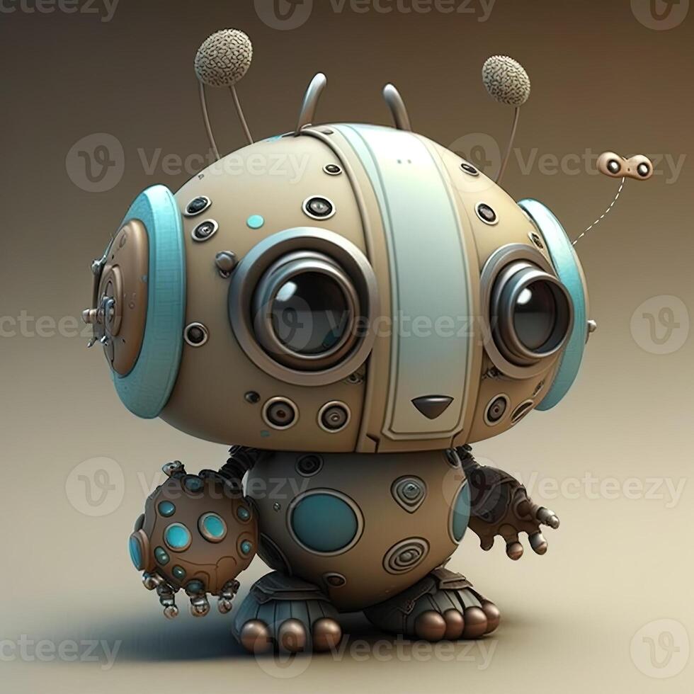 Cute white smiling robotic teen mini unit robot toy gesturing. Cute robot on a white backdrop with a pointing hand and a winking eye. technological idea. photo