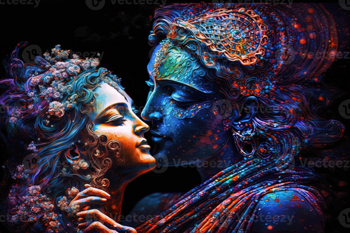 radha Krishna en amor medio Disparo fotografía retrato de cósmico galáctico generativo ai. símbolo de divino amor. Arte impresión para hogar decoración hindú Pareja en resumen decorativo antecedentes foto