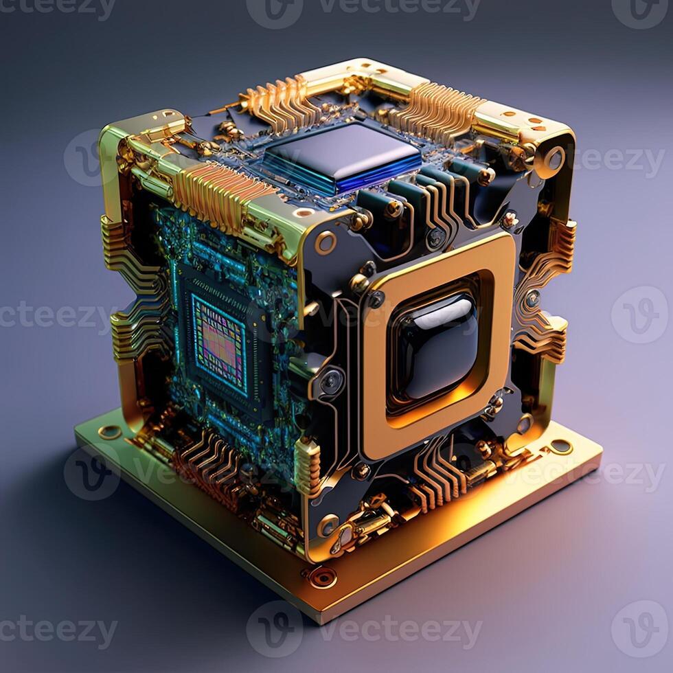 a quantum chip, A futuristic glowing CPU quantum computer processor. Digital chip with HUD elements. Futuristic microchip processor. Modern CPU illustration . Central Computer Processors photo