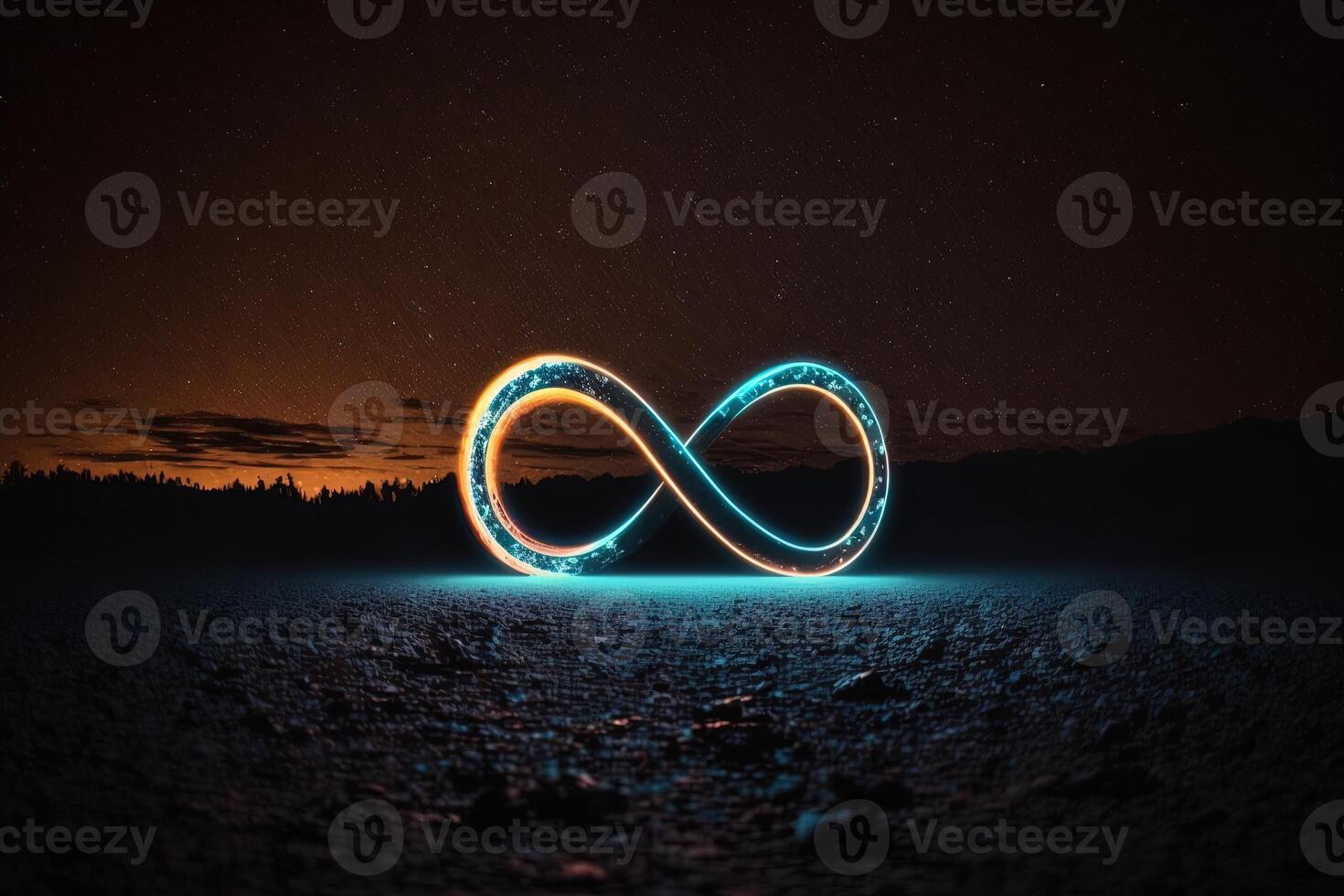 glowing neon infinity symbol in the night. . Infinity, eternity, infinite, endless, loop symbols. photo