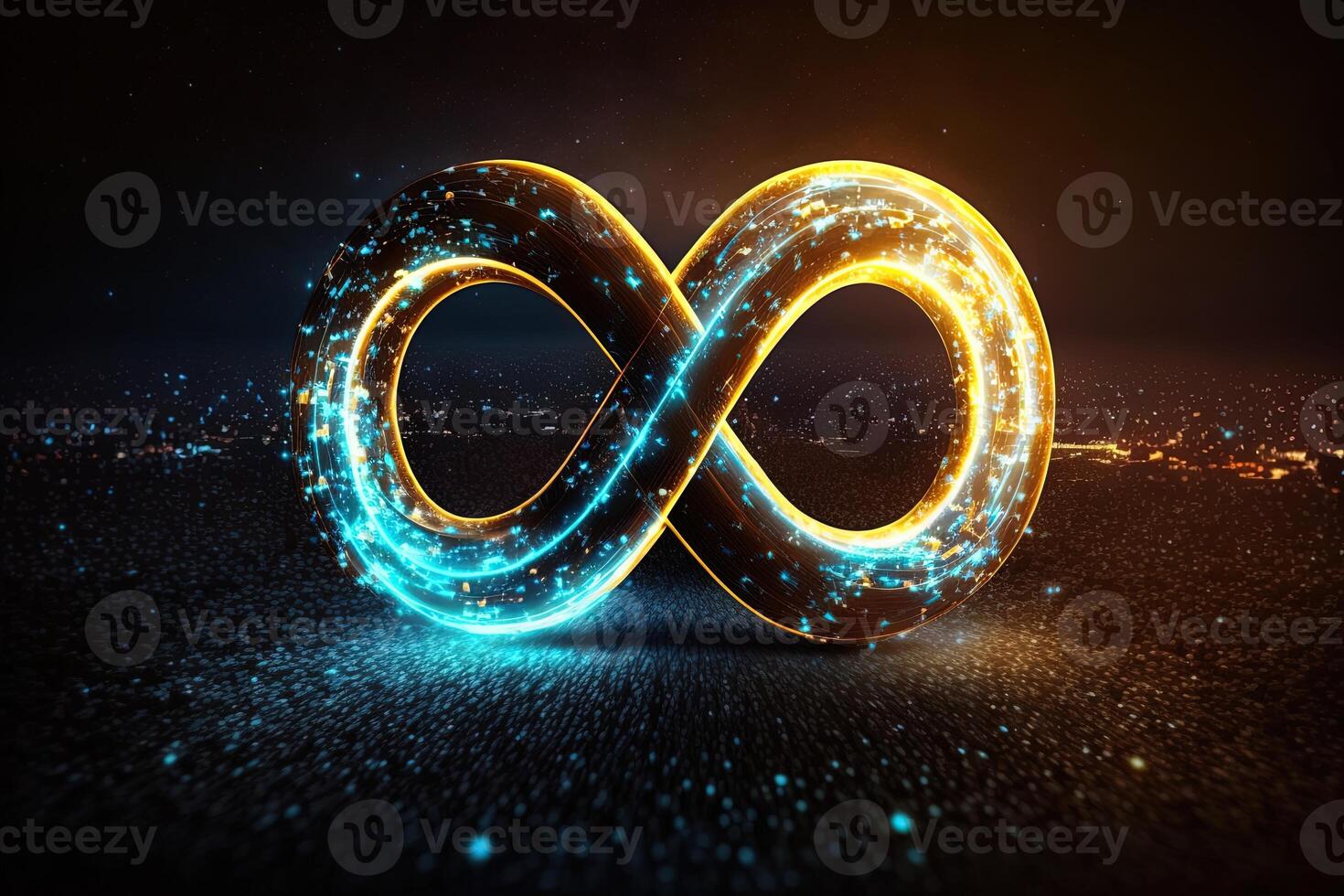 glowing neon infinity symbol in the night. . Infinity, eternity, infinite, endless, loop symbols. photo