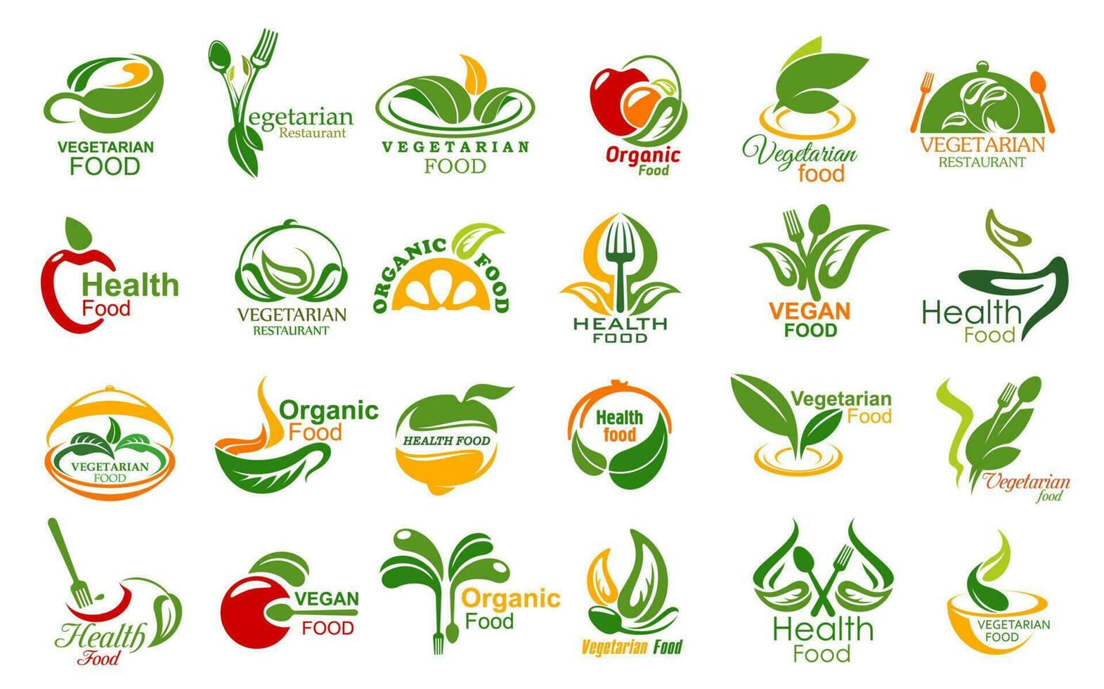 Vegetarian food and meals, vector icons set