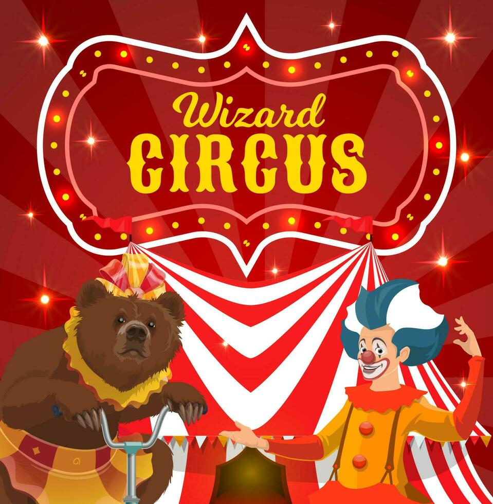 Circus performers poster clown and bear on bike vector