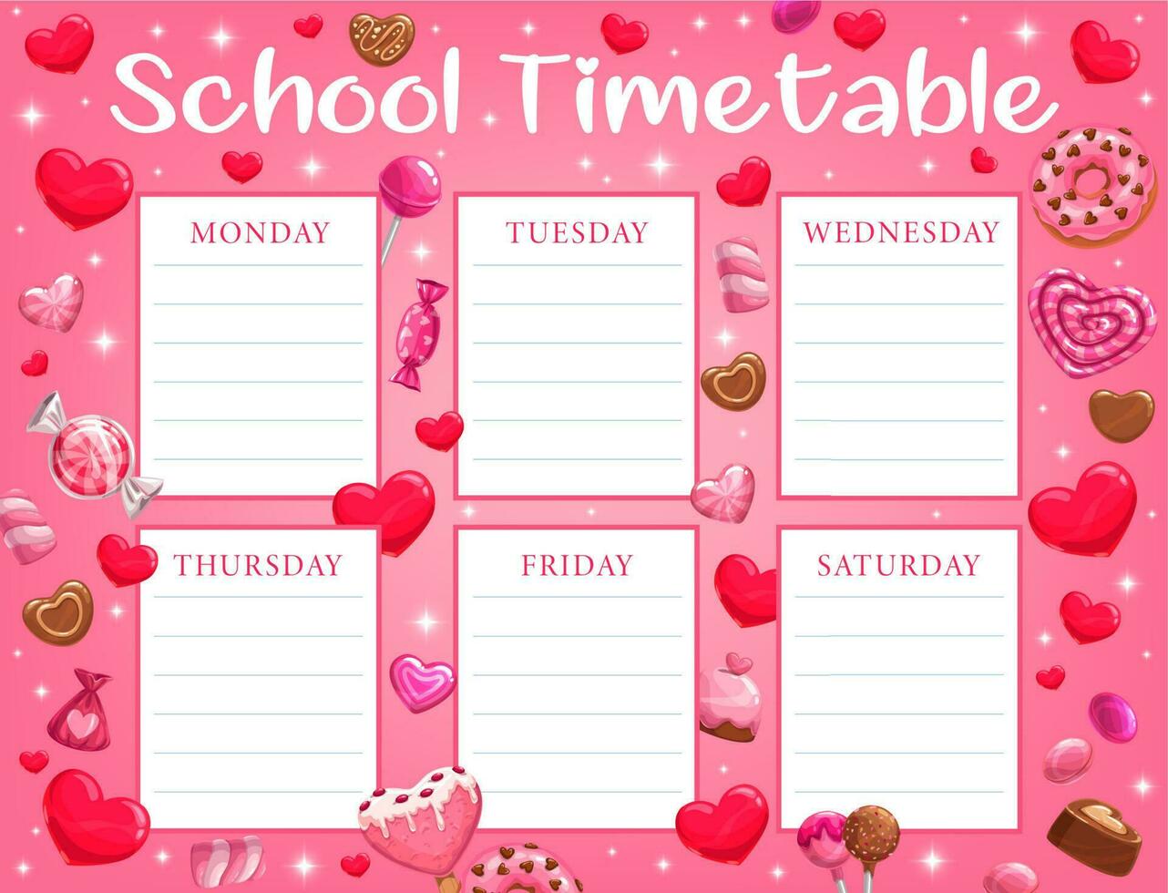 Kids Valentine day school timetable with candies vector