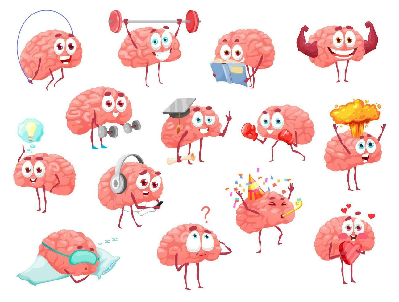 Cartoon brain characters, brainstorm and health vector