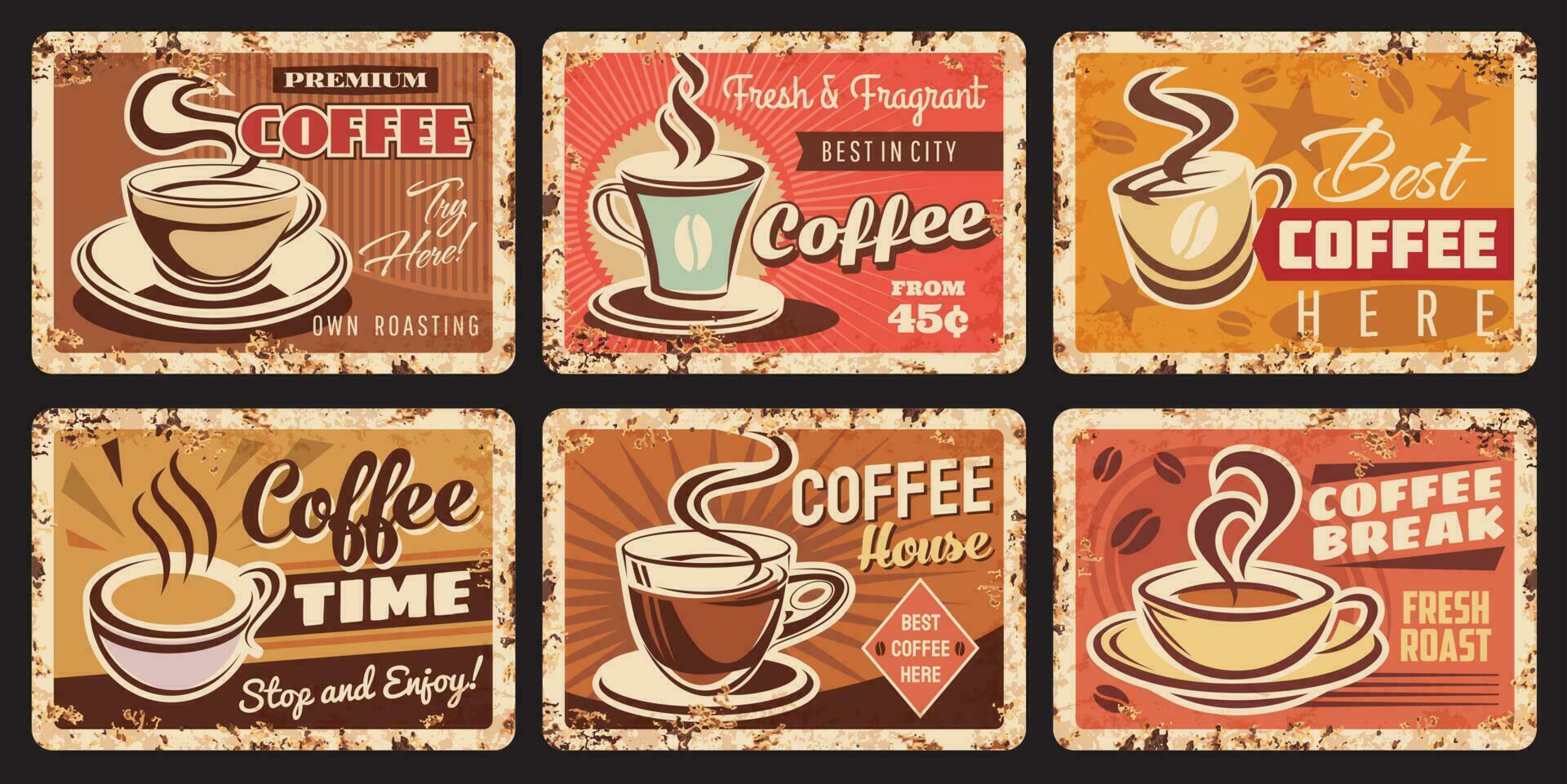 Coffee house, shop and roastery rusty metal plate vector
