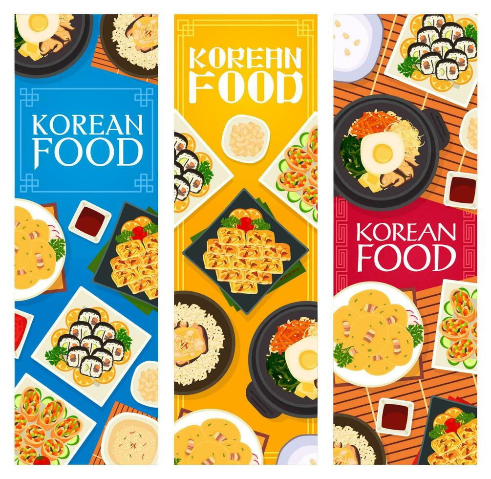coreano alimento, Corea cocina dibujos animados vector pancartas
