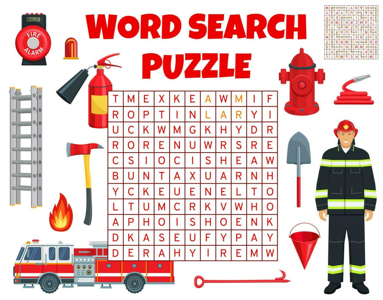 Firefighter equipment on word search puzzle game vector