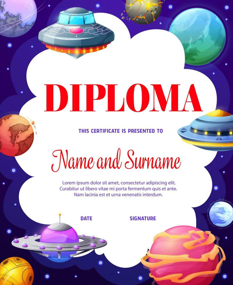 niños diploma con dibujos animados universo espacio planetas vector