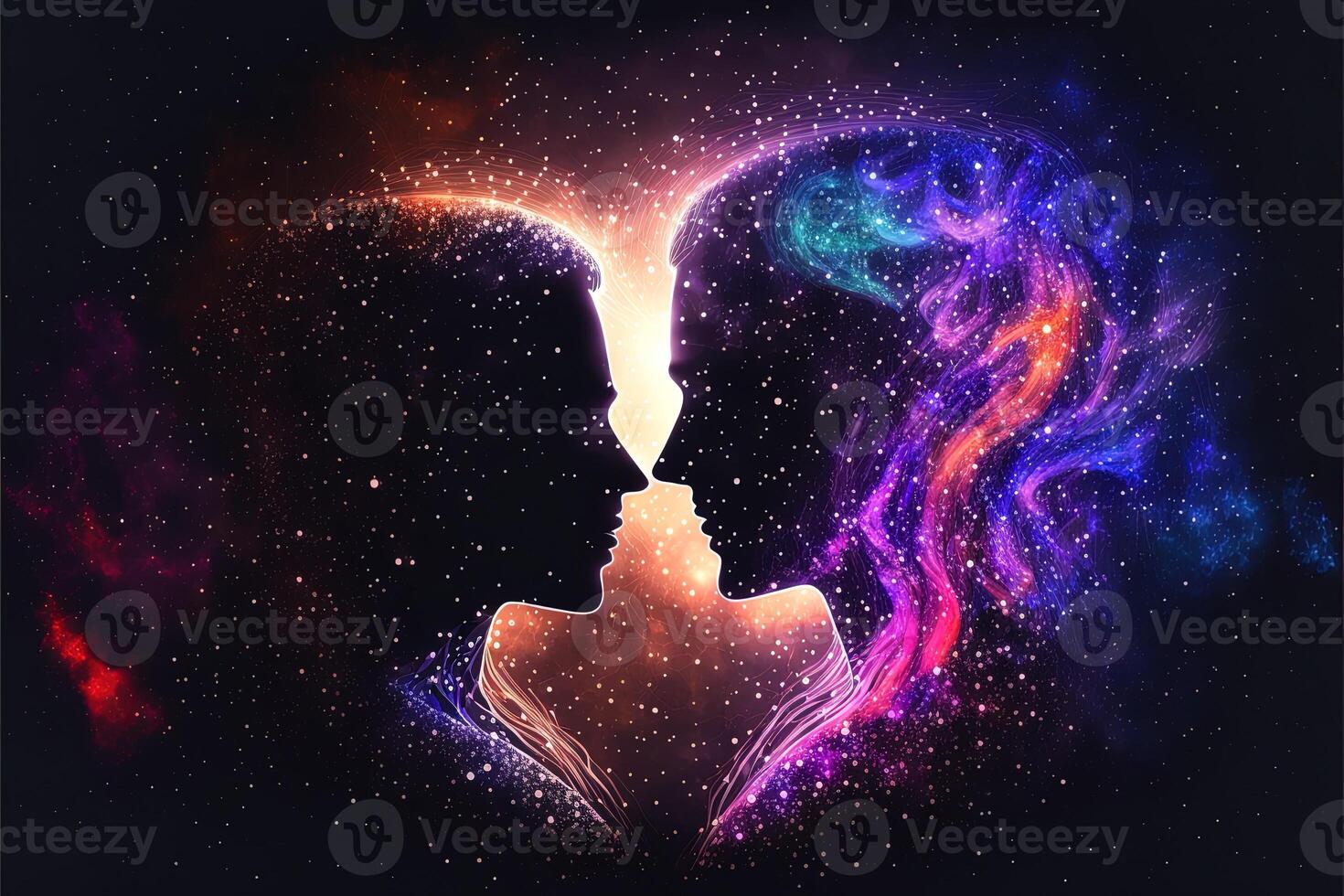Man and woman silhouettes at abstract cosmic background. Human souls couple in love. Astral body, esoteric and spiritual life concept photo
