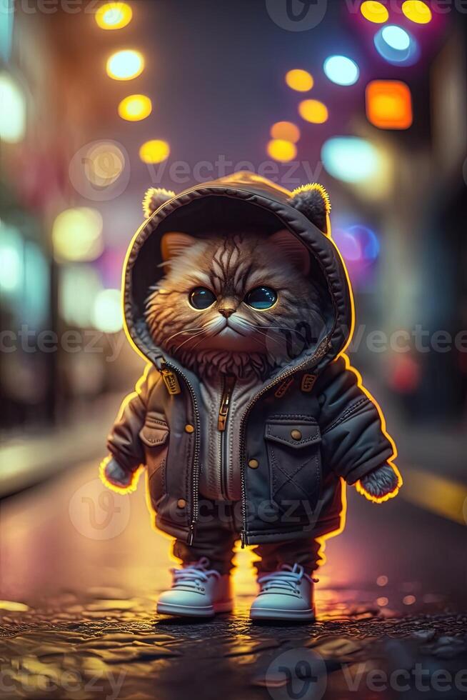 toy cute cat in clothes jacket and sneakers on street background with neon lighting, photo