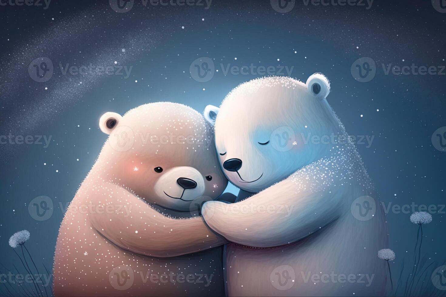 dos linda polar abrazo juntos en blanco nieve antecedentes. madre y bebé polar oso acurrucarse como familia en nieve en invierno. generativo ai foto