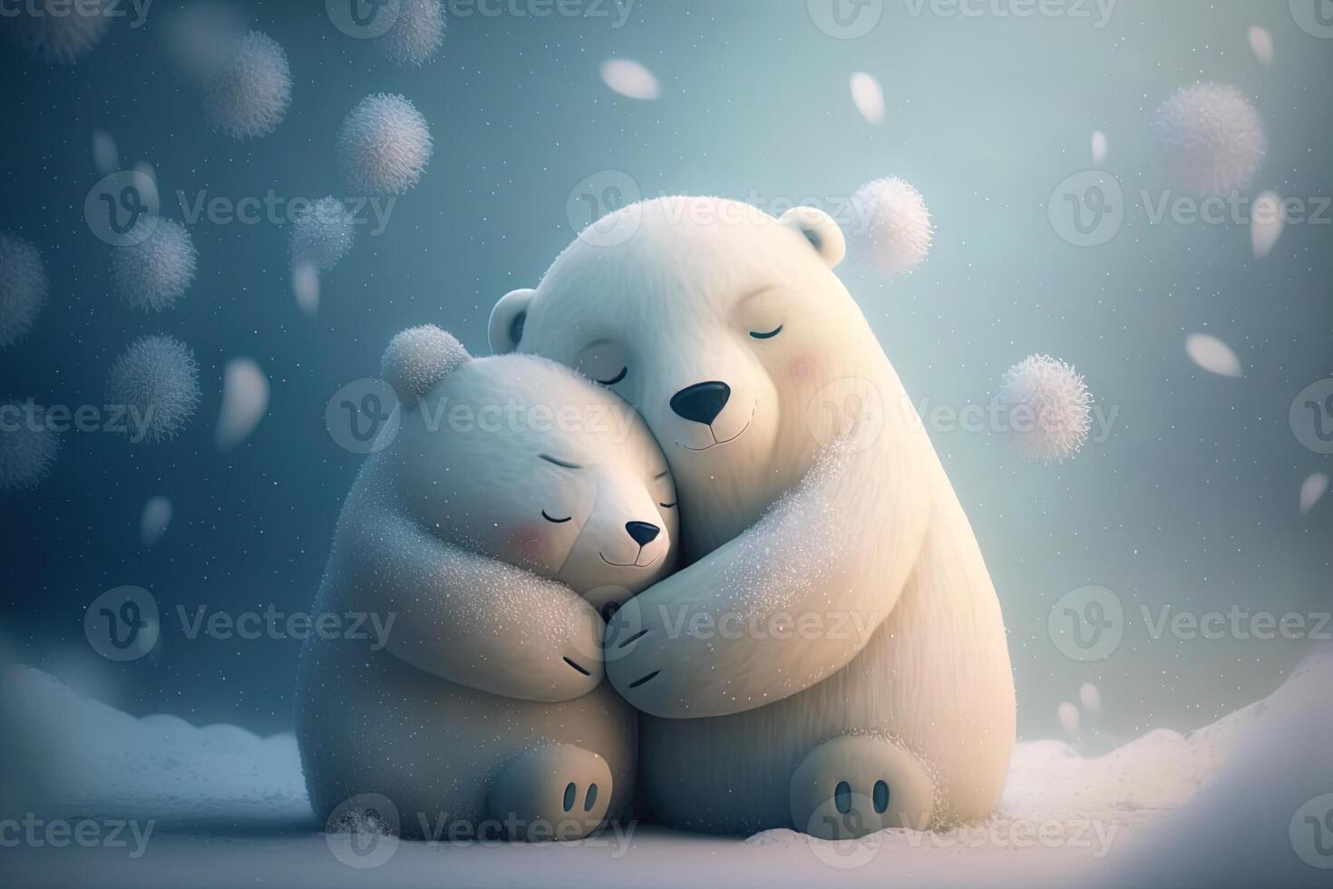 dos linda polar abrazo juntos en blanco nieve antecedentes. madre y bebé polar oso acurrucarse como familia en nieve en invierno. generativo ai foto