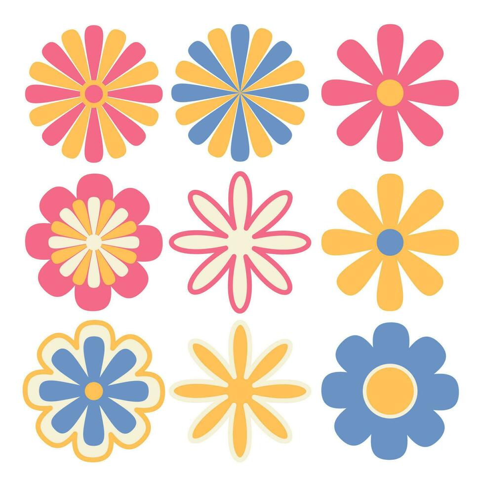 Vintage Flowers 70s design vector illustration. Retro 60s and 80s hippy old flora icon smile face.