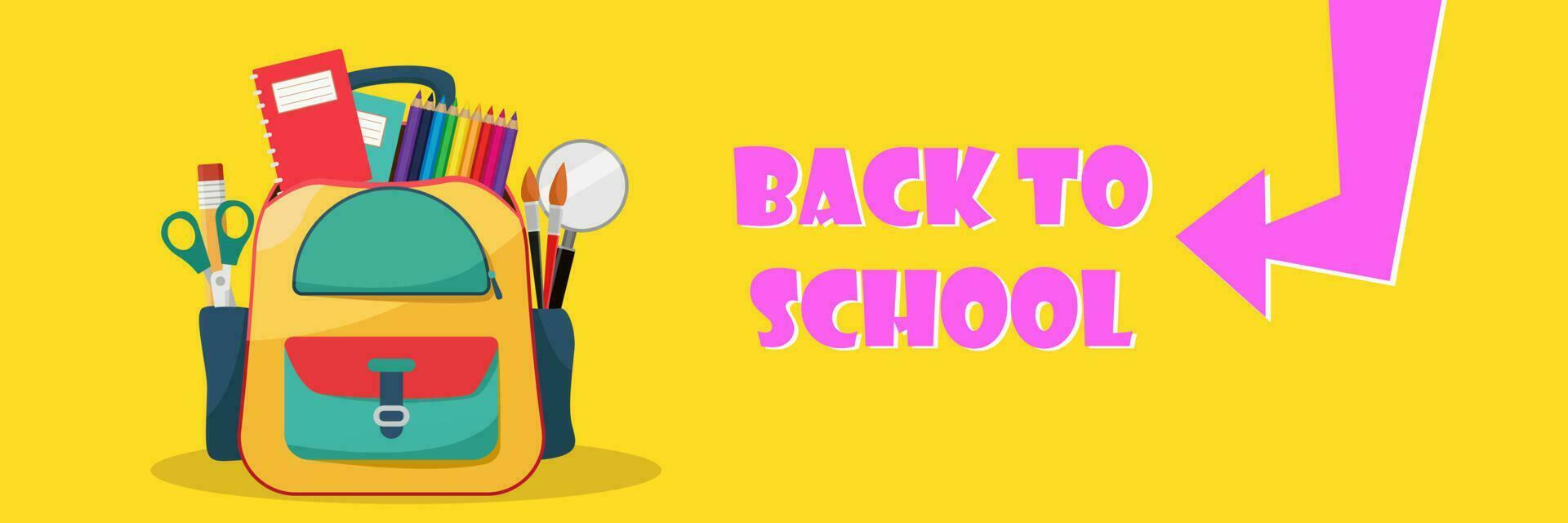 back to school sale banner, poster, flat design colorful, vector background. Education student backpack.