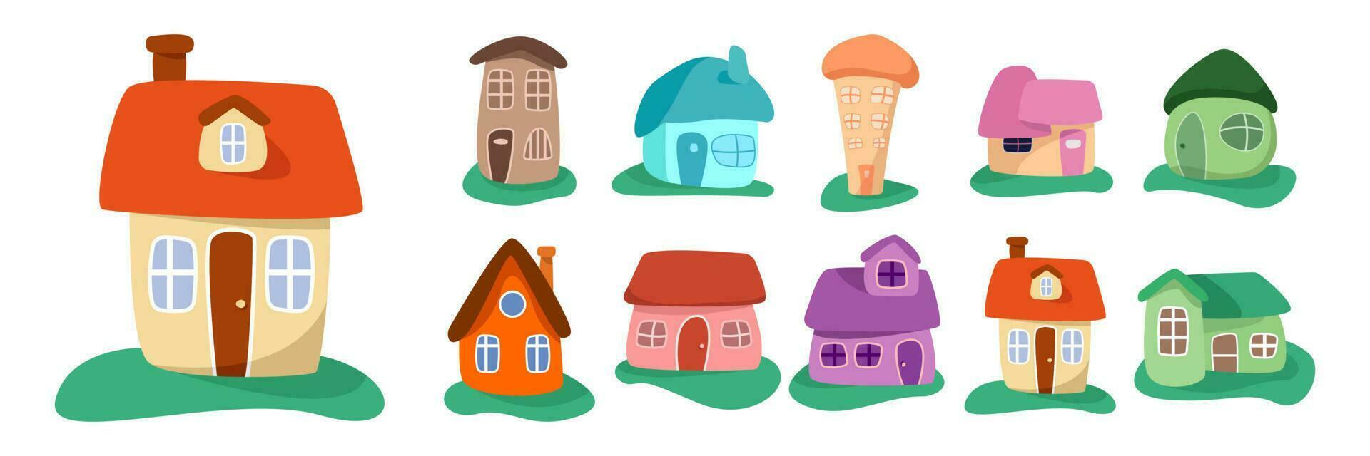 dibujos animados vistoso casas conjunto para niños. ilustración de el diferente casas en un blanco antecedentes para jardín de infancia o colorante libro. vector