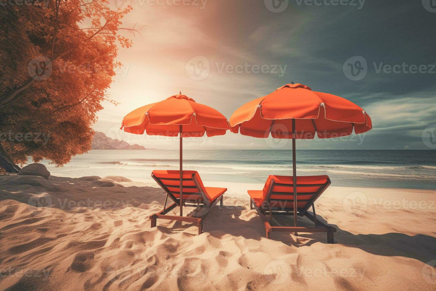 Two beach chairs and umbrella on the  tropical beach with sea and sky background, vintage color tone photo