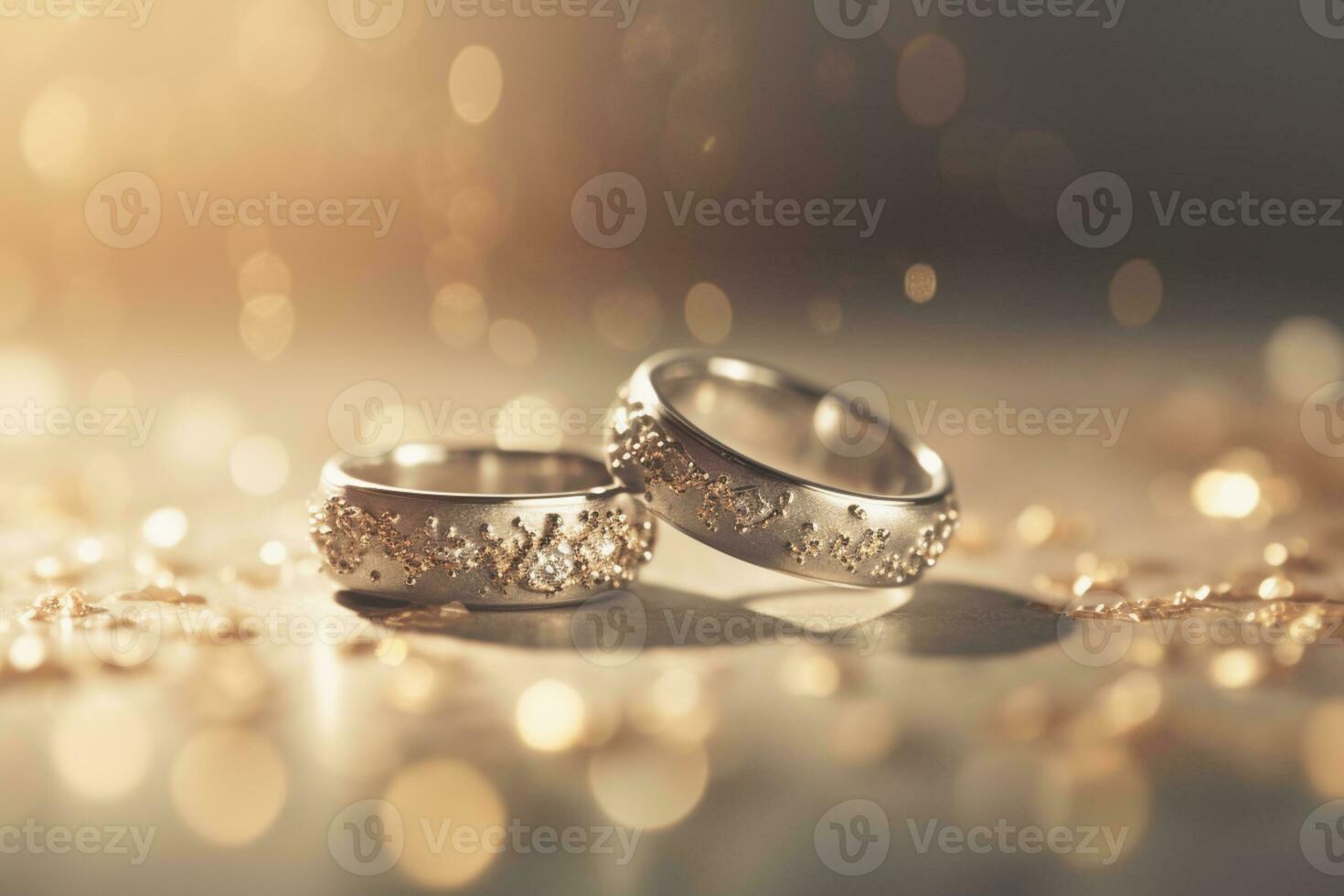 Wedding rings with silver and gold on bokeh background in the style of glitter and diamond dust. Closeup photo with copy space for text