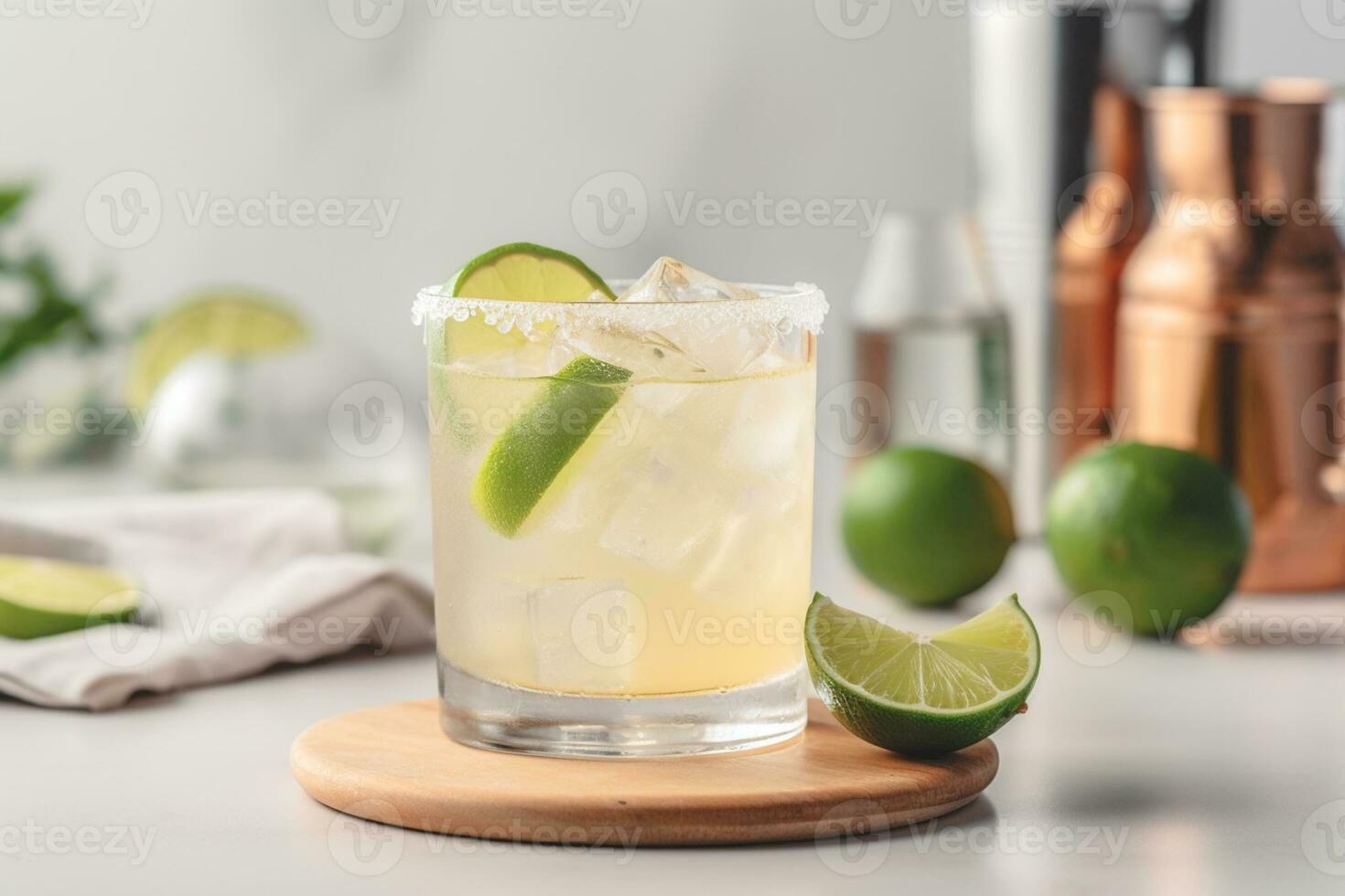 Refreshing classic Margarita cocktail with lime and mint on white table in white kitchen. Closeup photo with space for text