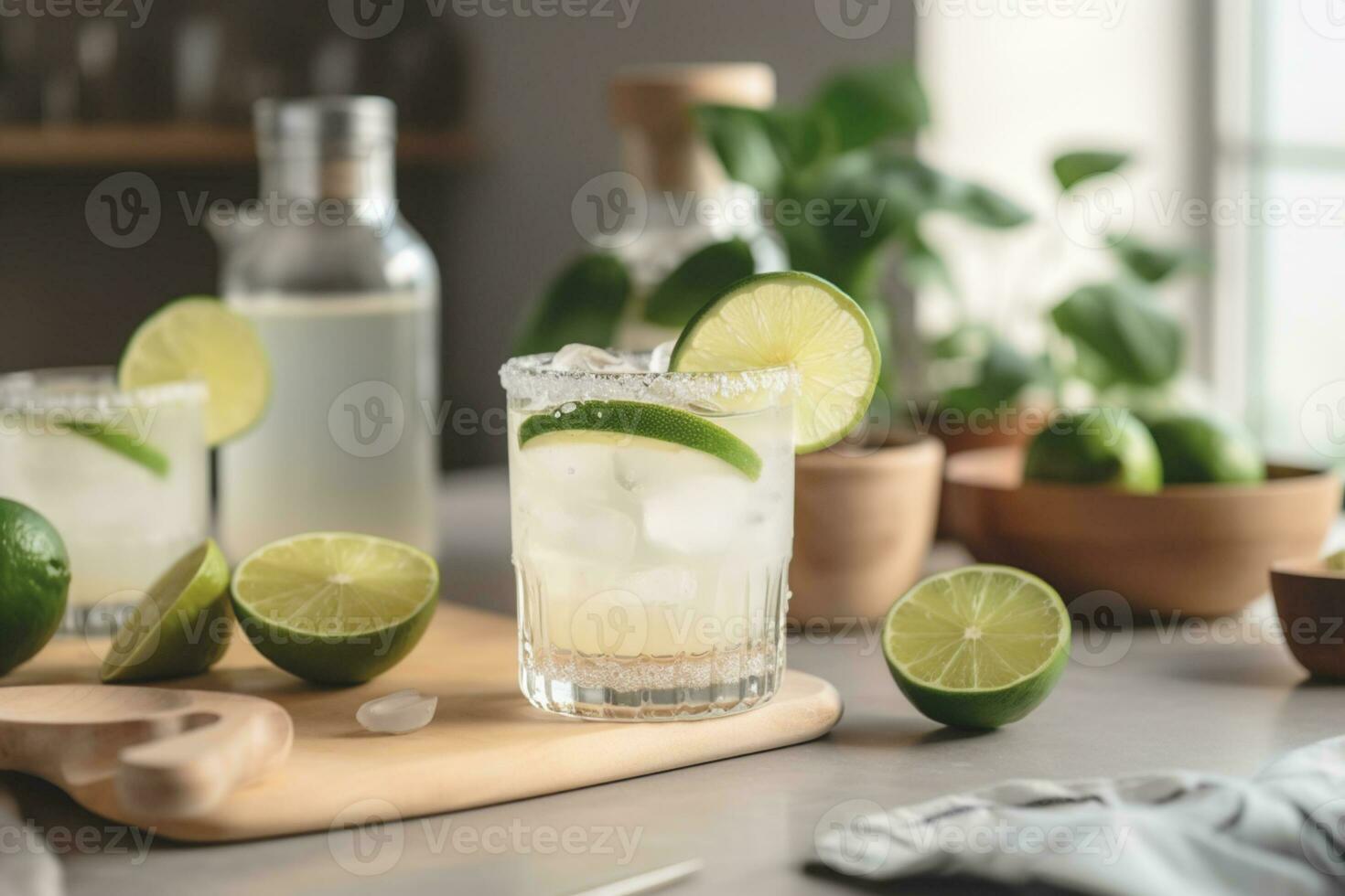 Refreshing classic Margarita cocktail with lime and mint on white table in white kitchen. Closeup photo with space for text