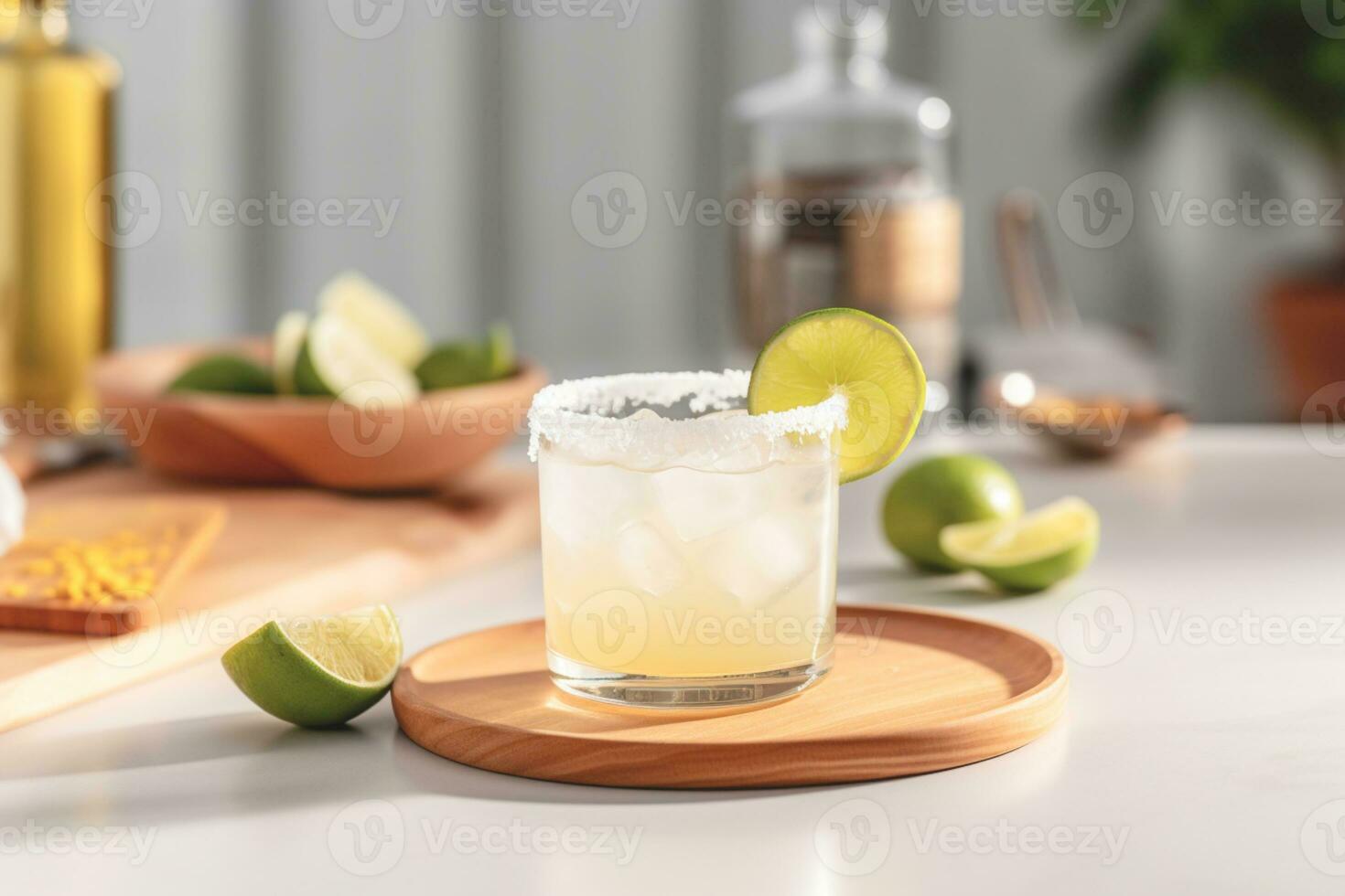 Refreshing classic Margarita cocktail with lime and mint on white table in white kitchen. Closeup photo with space for text