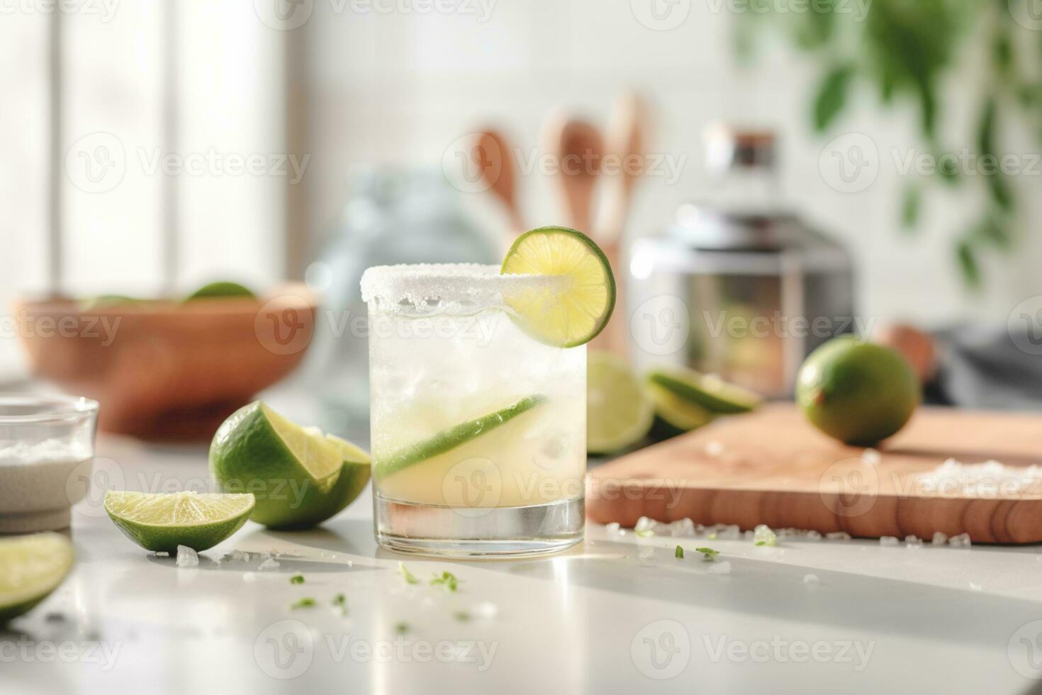 Refreshing classic Margarita cocktail with lime and mint on white table in white kitchen. Closeup photo with space for text