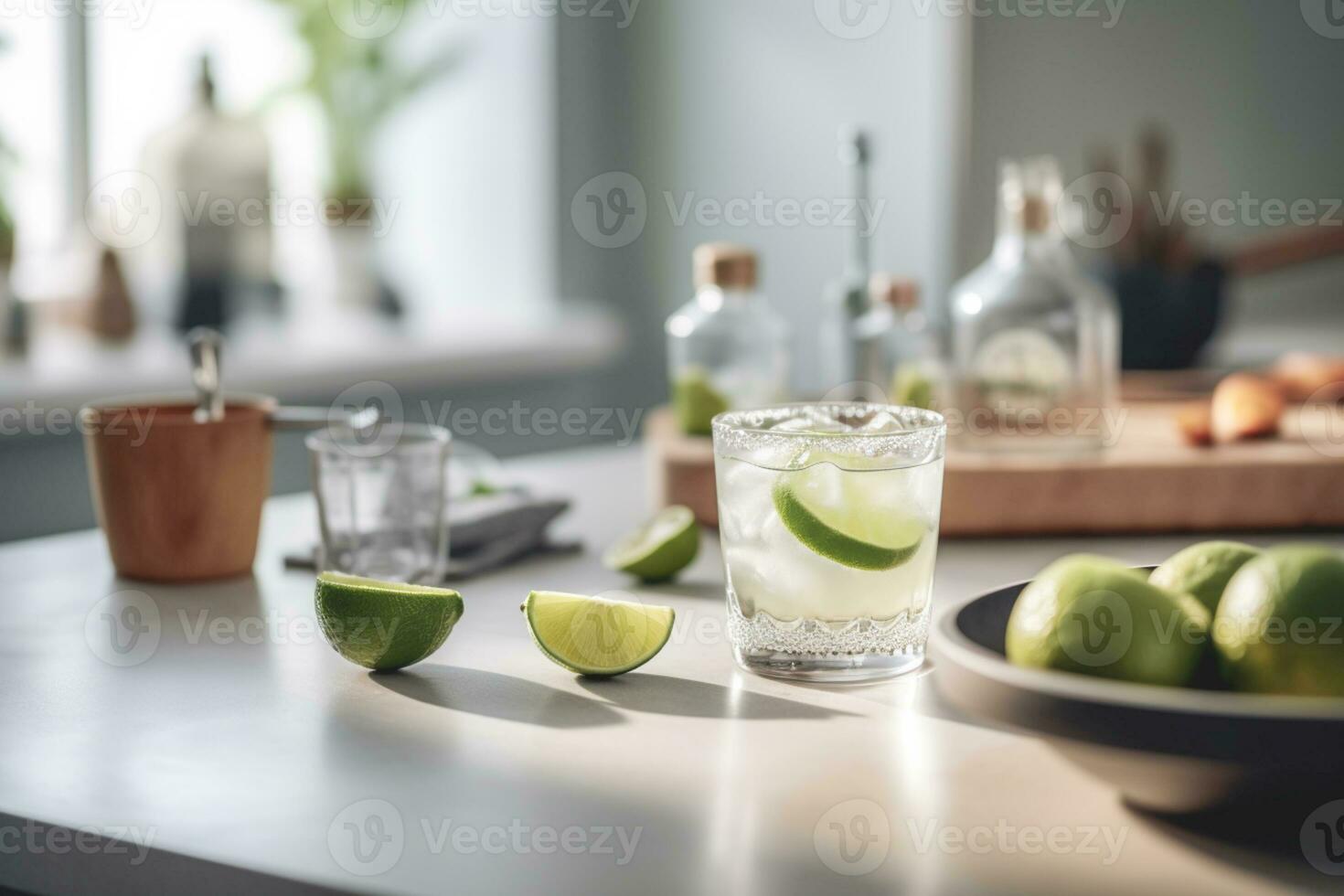 Refreshing classic Margarita cocktail with lime and mint on white table in white kitchen. Closeup photo with space for text