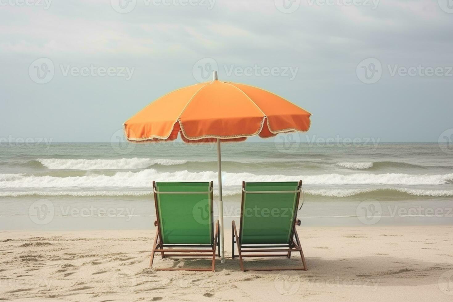 Two beach chairs and umbrella on the  tropical beach with sea and sky background, vintage color tone photo