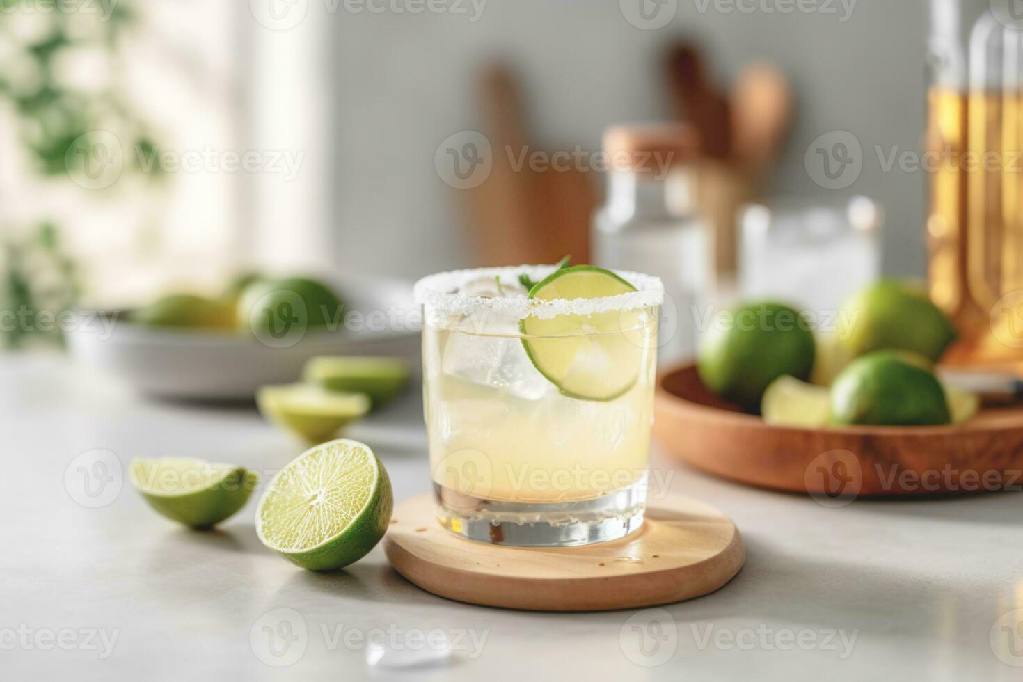 Refreshing classic Margarita cocktail with lime and mint on white table in white kitchen. Closeup photo with space for text