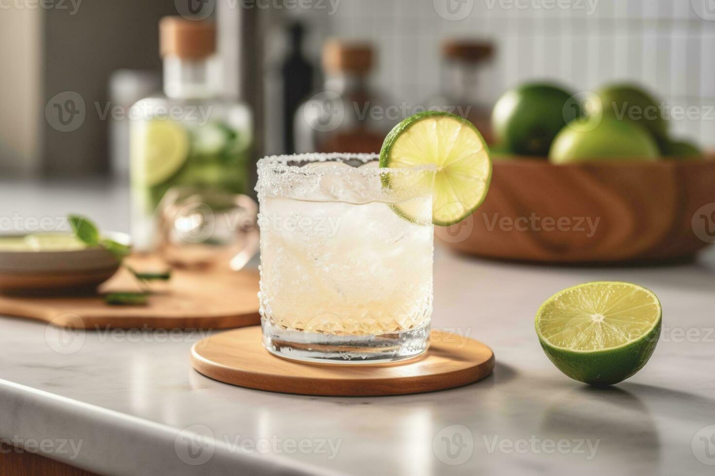 Refreshing classic Margarita cocktail with lime and mint on white table in white kitchen. Closeup photo with space for text