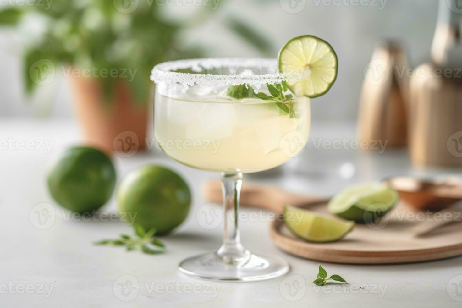 Refreshing classic Margarita cocktail with lime and mint on white table in white kitchen. Closeup photo with space for text