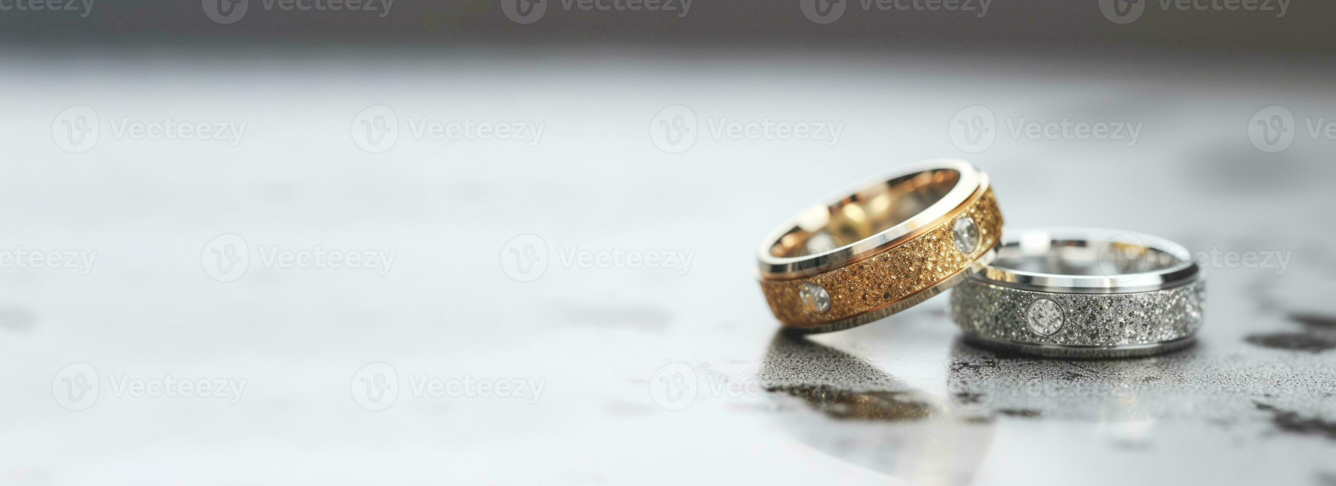 Wedding rings with silver and gold on bokeh background in the style of glitter and diamond dust. Closeup photo with copy space for text