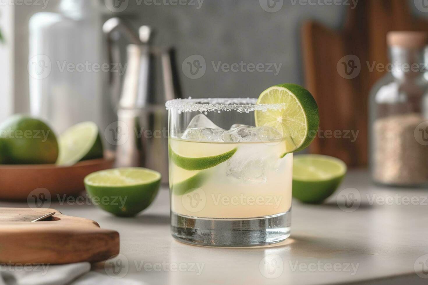 Refreshing classic Margarita cocktail with lime and mint on white table in white kitchen. Closeup photo with space for text