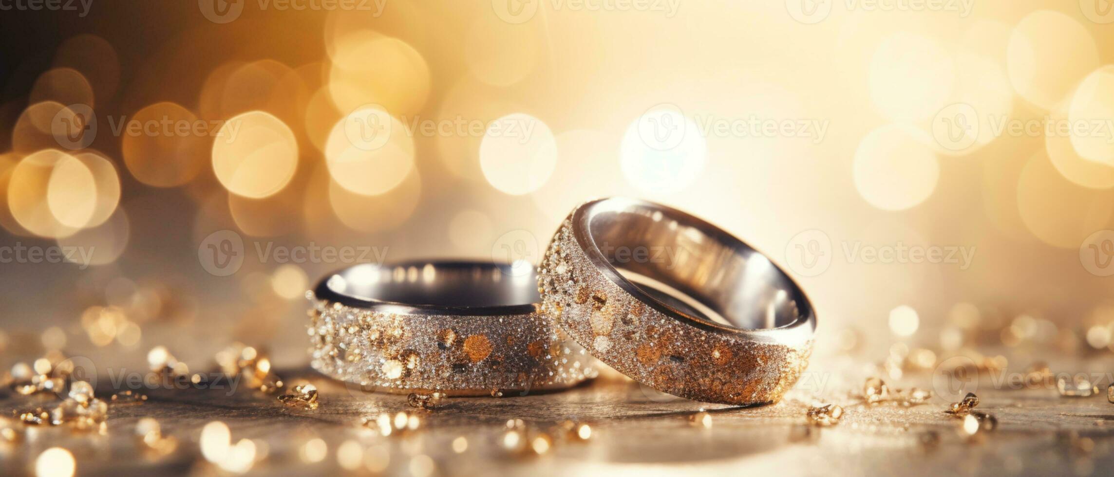 Boda anillos con plata y oro en bokeh antecedentes en el estilo de Brillantina y diamante polvo. de cerca foto con Copiar espacio para texto