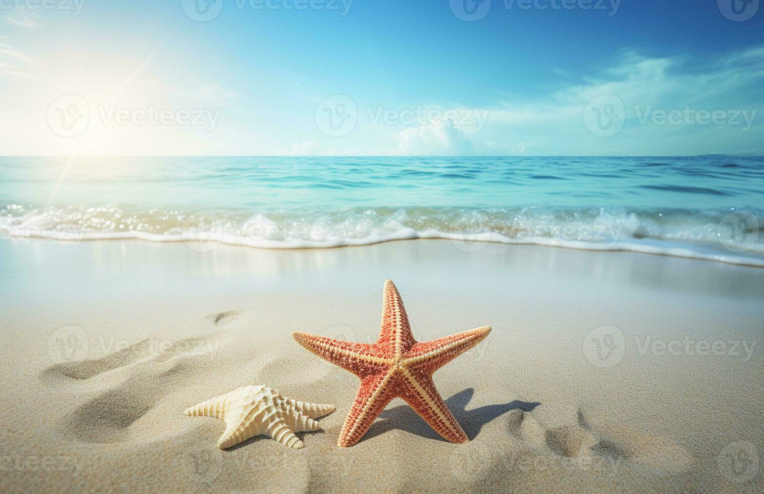 Seashells and starfish on the beautiful tropical beach and sea with blue sky background. Summer vacation concept photo