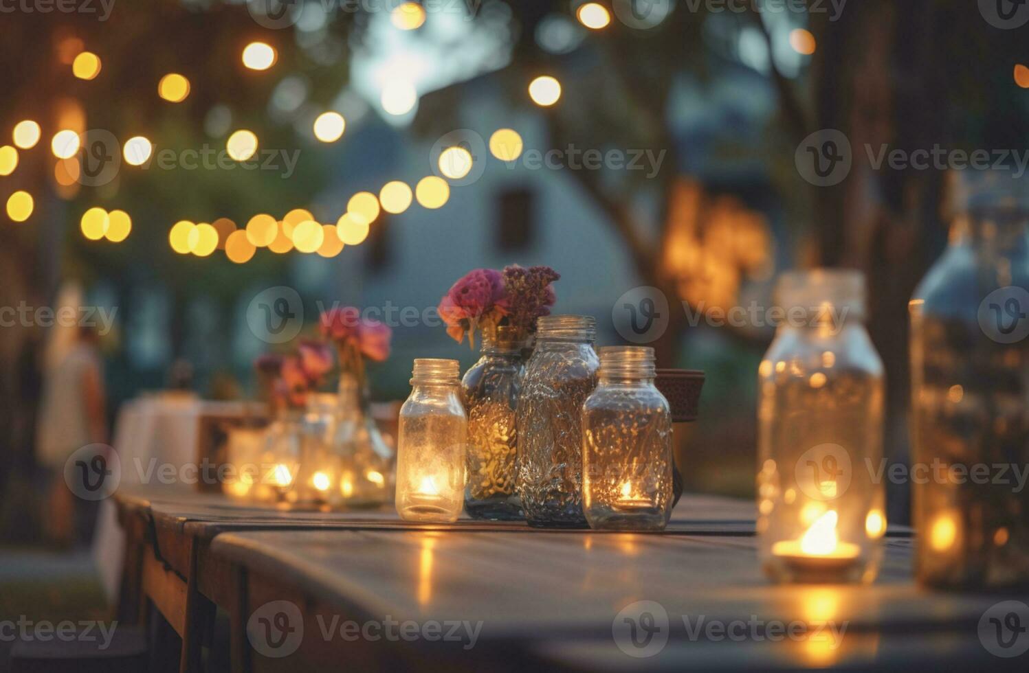 Abstract Blurred image of Night Festival in garden with bokeh for background usage. Concept of vintage tones photo