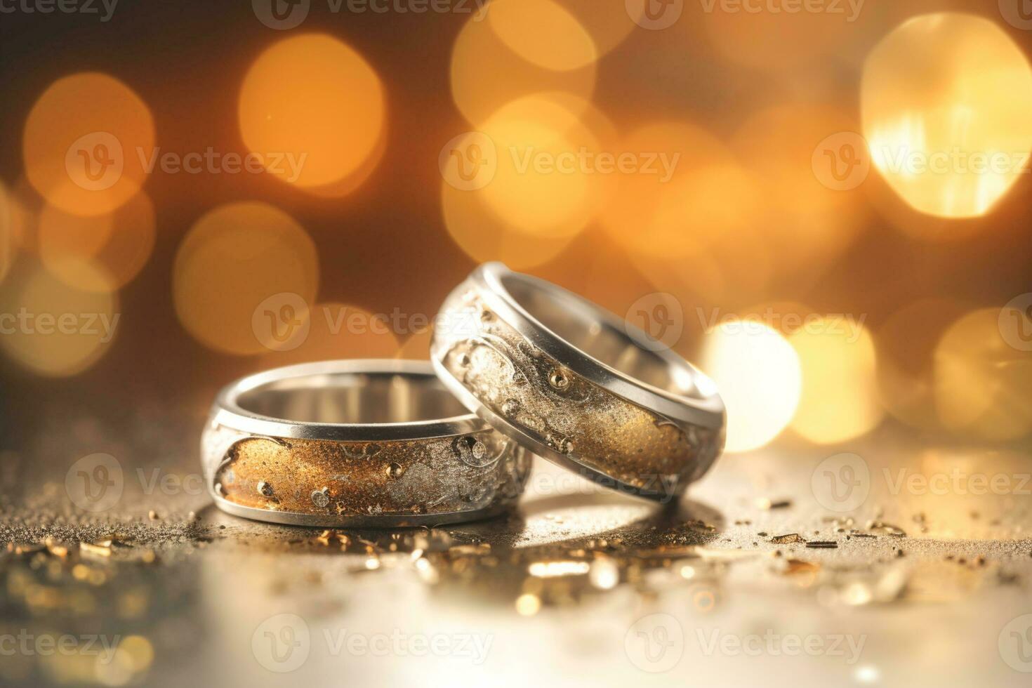 Wedding rings with silver and gold on bokeh background in the style of glitter and diamond dust. Closeup photo with copy space for text