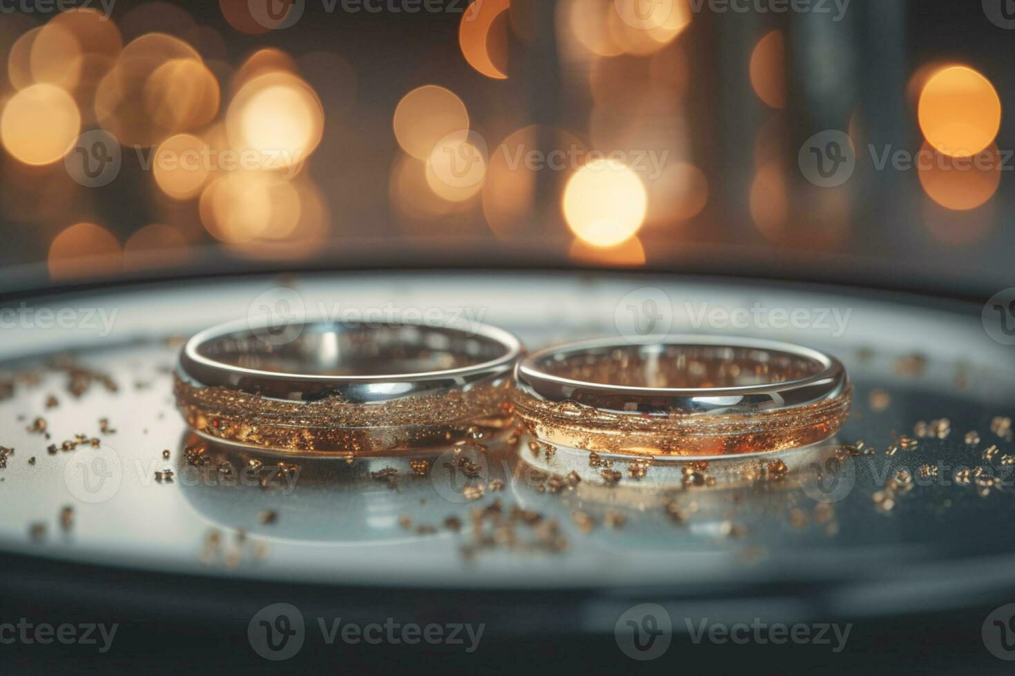 Wedding rings with silver and gold on bokeh background in the style of glitter and diamond dust. Closeup photo with copy space for text