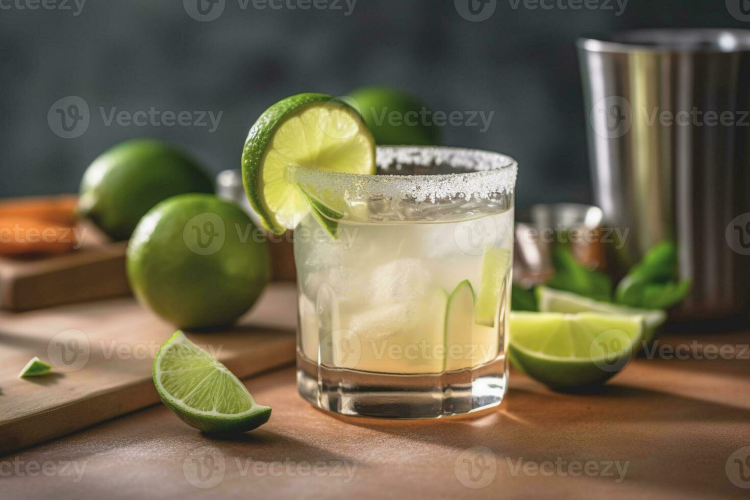 Refreshing classic Margarita cocktail with lime and mint on white table in white kitchen. Closeup photo with space for text