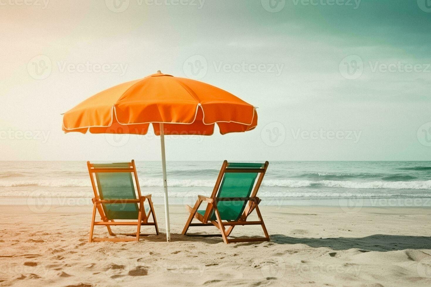 Two beach chairs and umbrella on the  tropical beach with sea and sky background, vintage color tone photo