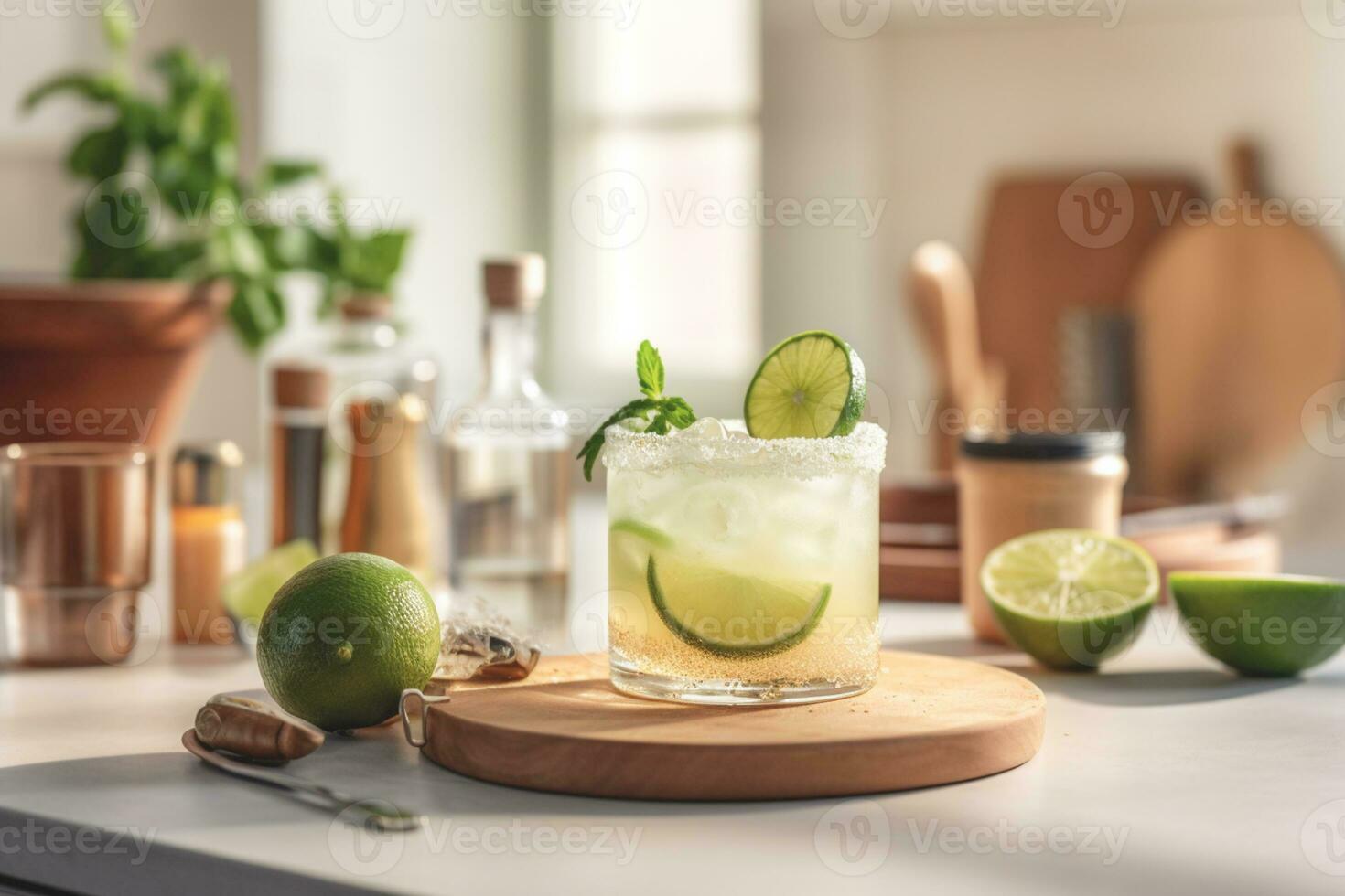 Refreshing classic Margarita cocktail with lime and mint on white table in white kitchen. Closeup photo with space for text