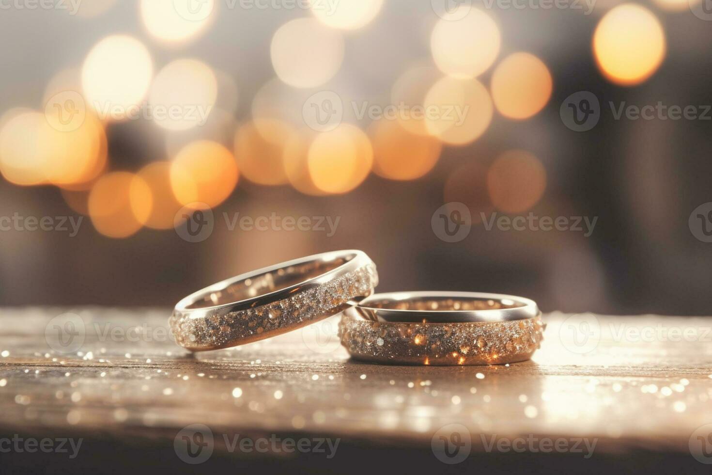 Boda anillos con plata y oro en bokeh antecedentes en el estilo de Brillantina y diamante polvo. de cerca foto con Copiar espacio para texto