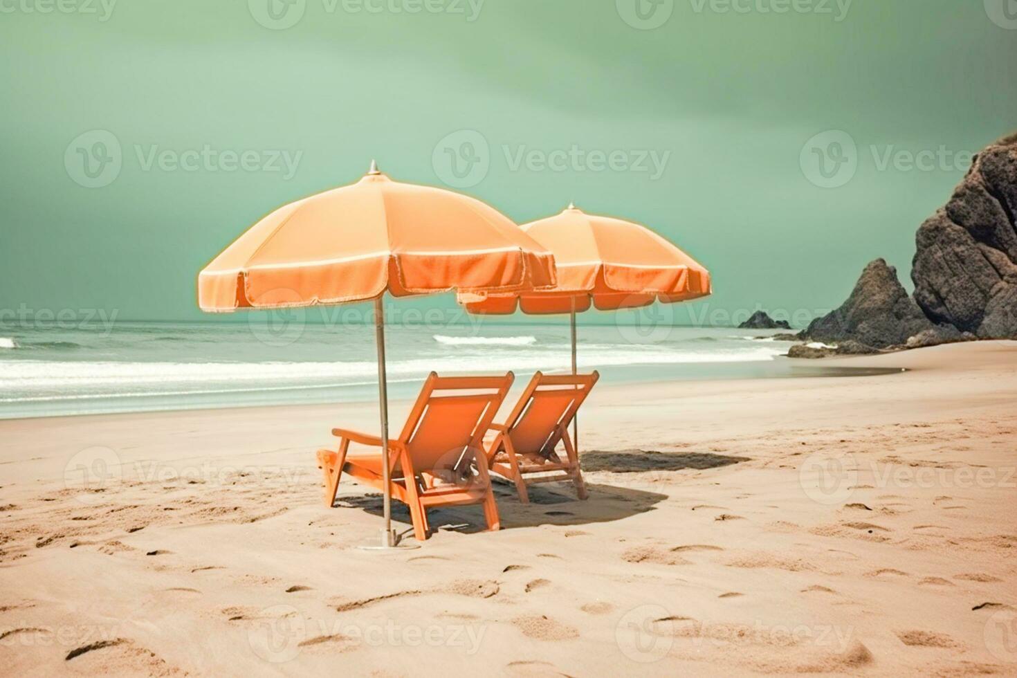 Two beach chairs and umbrella on the  tropical beach with sea and sky background, vintage color tone photo