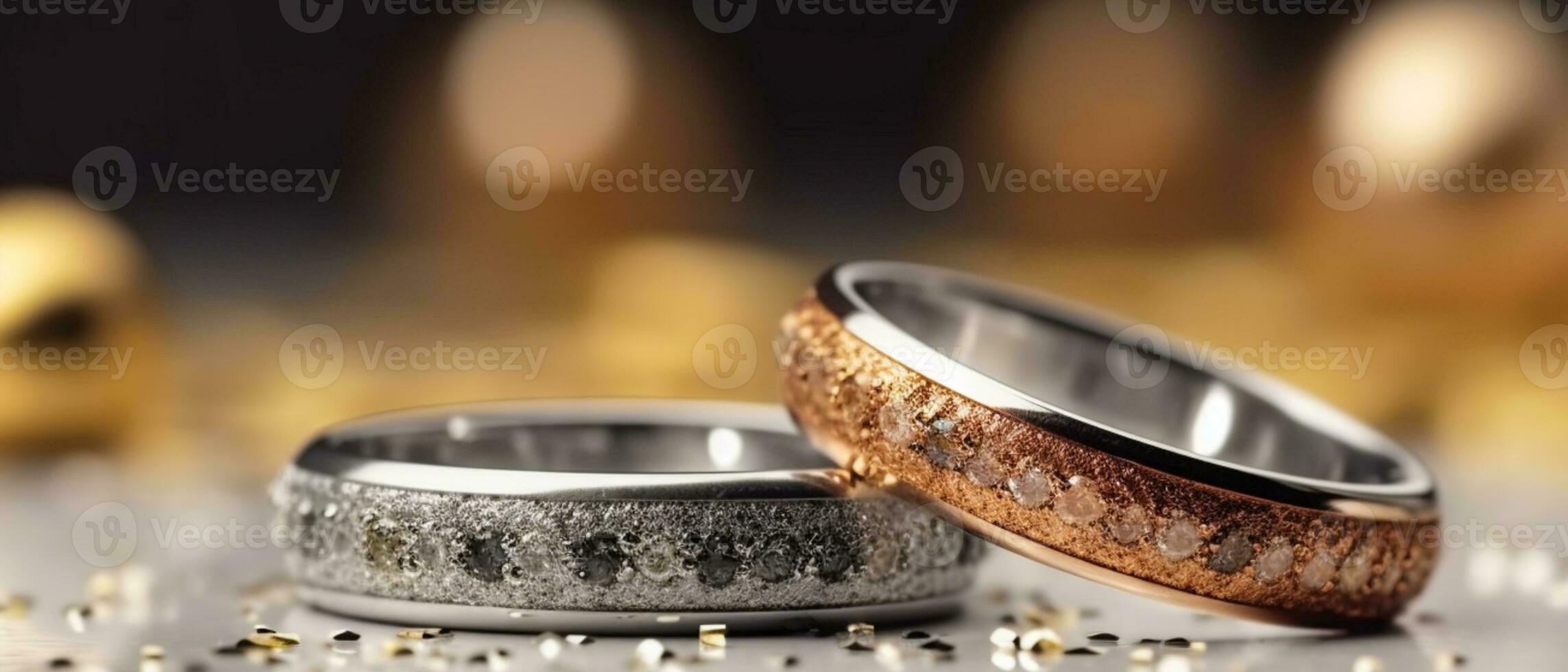 Boda anillos con plata y oro en bokeh antecedentes en el estilo de Brillantina y diamante polvo. de cerca foto con Copiar espacio para texto