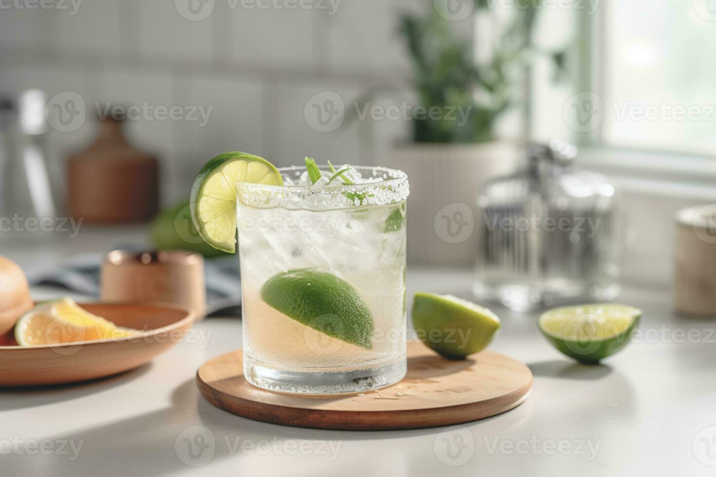 Refreshing classic Margarita cocktail with lime and mint on white table in white kitchen. Closeup photo with space for text