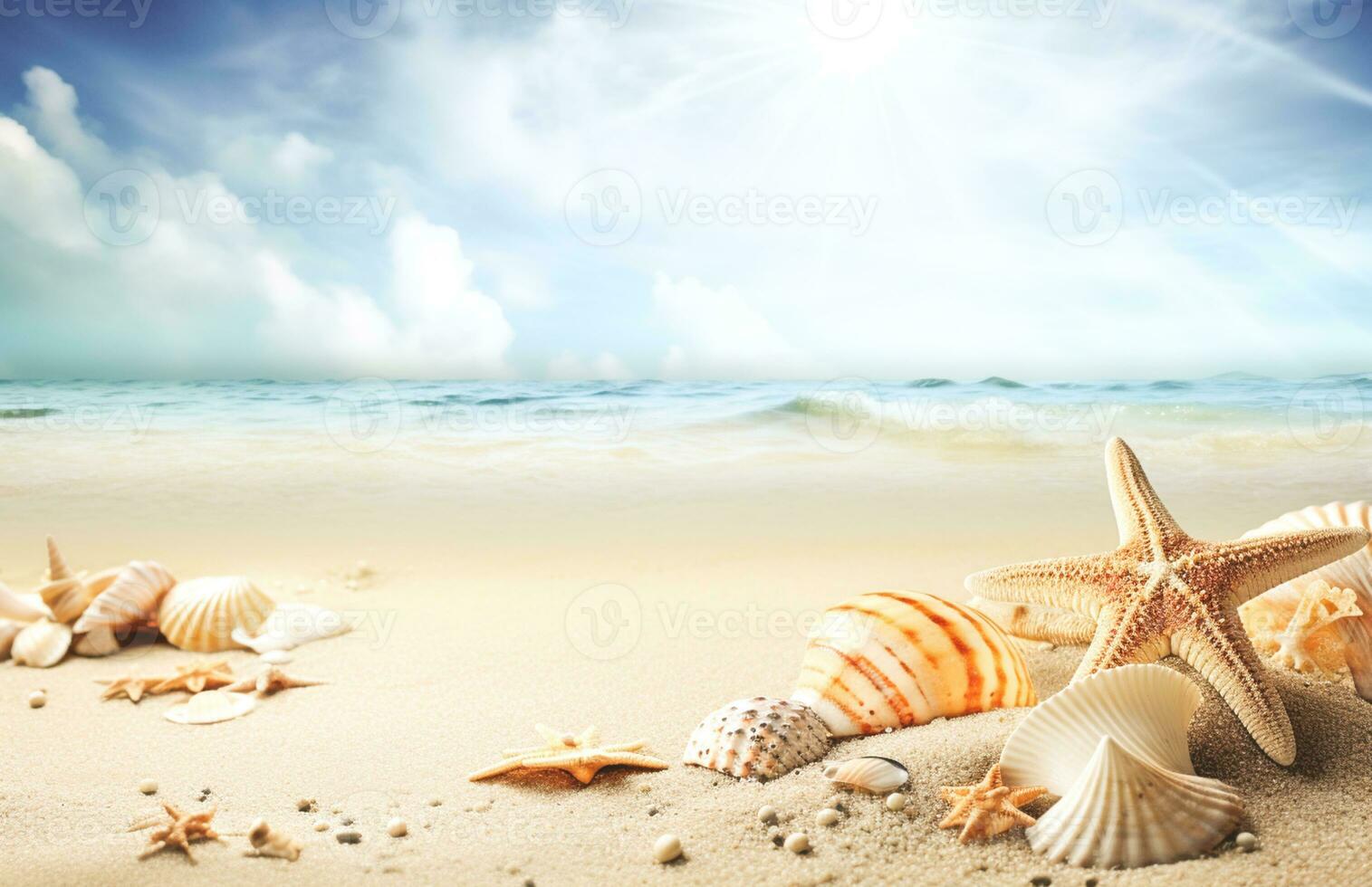 Seashells and starfish on the beautiful tropical beach and sea with blue sky background. Summer vacation concept photo