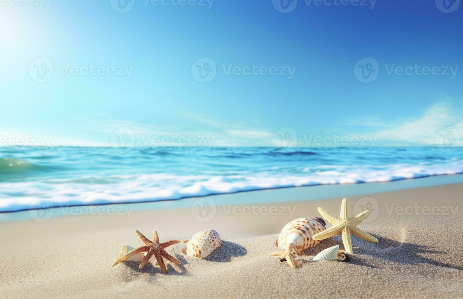 Seashells and starfish on the beautiful tropical beach and sea with blue sky background. Summer vacation concept photo