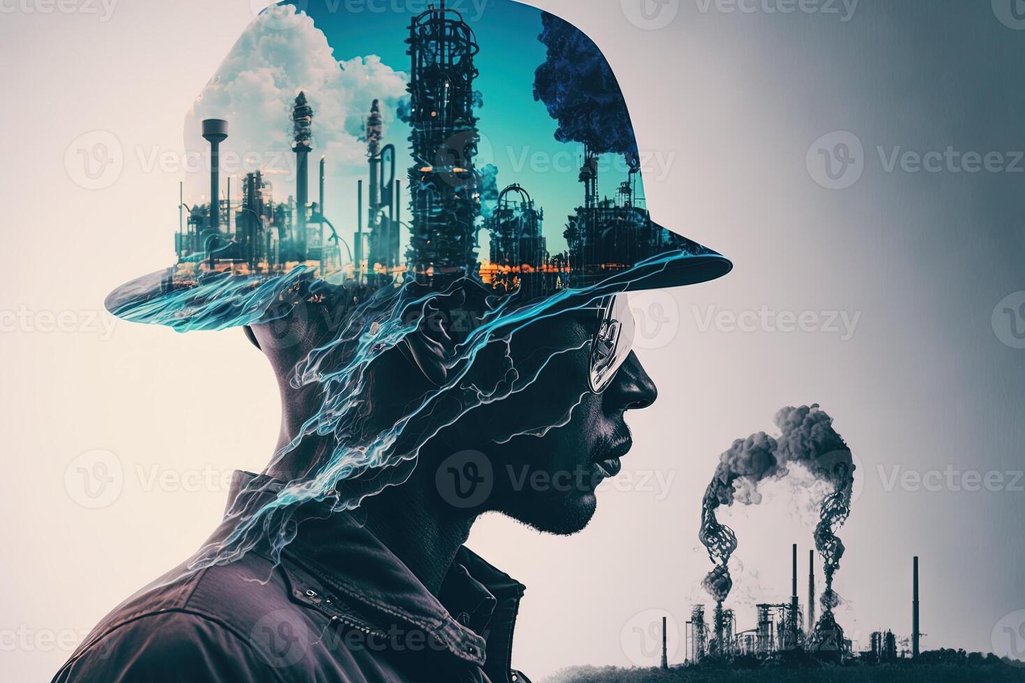 Conceptual graphic design of an energy sector and future manufacturing. With double exposure artwork, an oil, gas, and petrochemical refinery facility demonstrates the future of power. photo